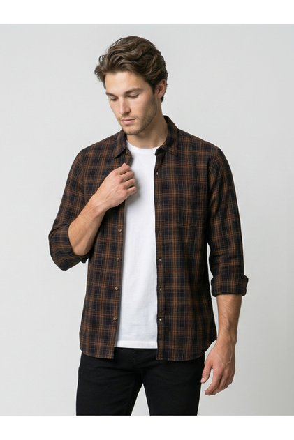Men Navy Blue Checked Flannel Shirt