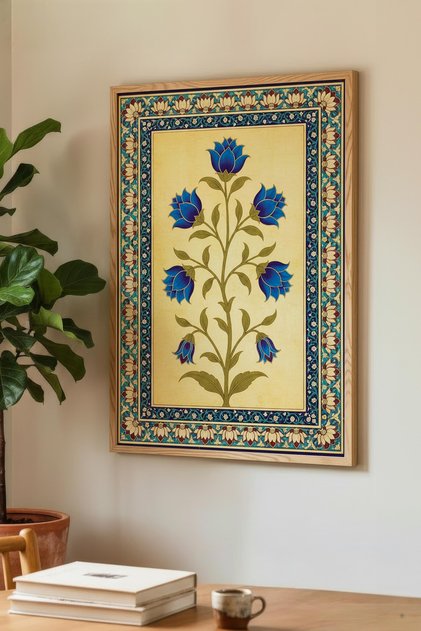 Elegant Blue Floral Pattern Single Wood Artwork - Natural Wood Framed Home & Business Decor Painting