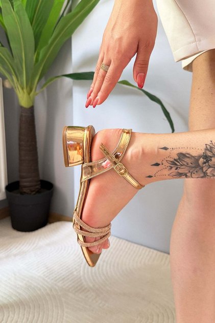 Women's Ebiy Roz Gold Ankle Strap with Stones and 4 cm Short Classic Heel Shoes