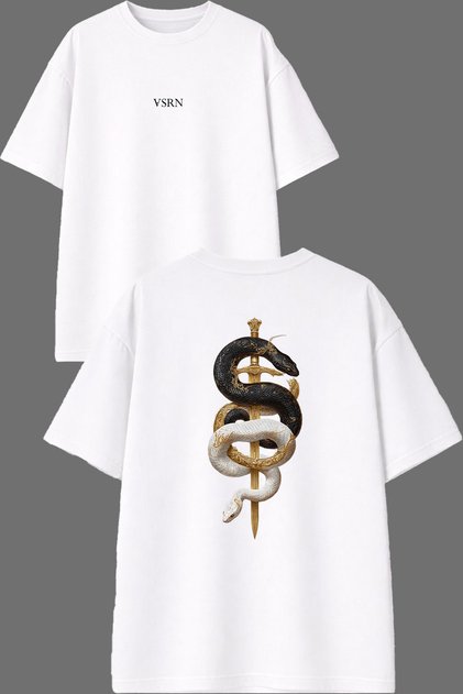 Black and White Snake Sword Design Front and Back Printed White Oversize T-Shirt