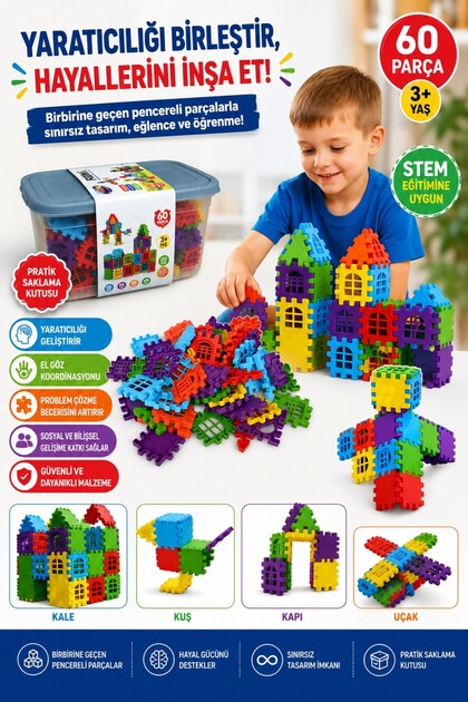 60 Parça Puzzle 3D Geçmeli Yapı Blokları STEM Eğitici Oyuncak OFB-BLK-02
