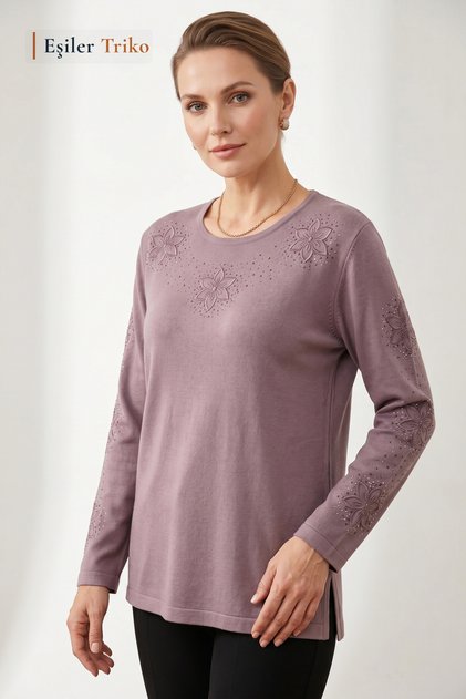 Women's Lily Pattern Collar and Sleeves Embroidered, Stoned Mother Combed Cotton Blouse