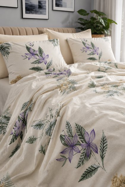 Botanical Double Pique Set 4 Piece Floral Patterned Pique Bed Sheet and 2 Pillowcase Set