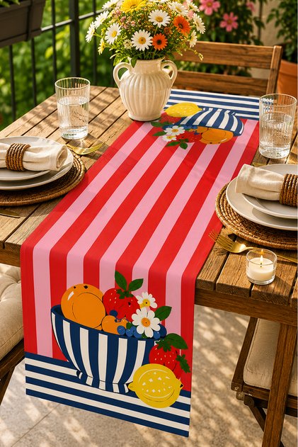 Ays Home Runner Pink Red Striped Flowerpot with Maximalist Pattern (45cm X135 cm)