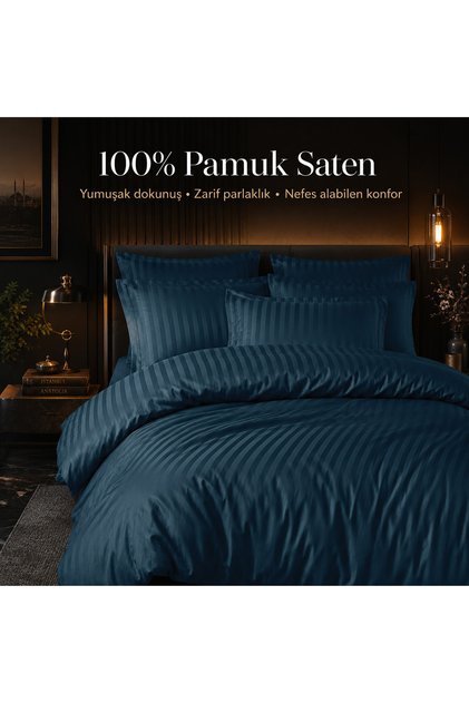 100% Cotton Satin Striped Double Duvet Cover Set - Petrol