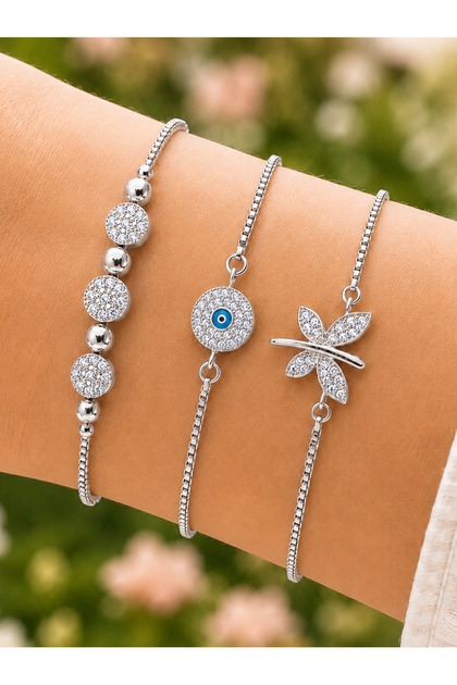 Women's Silver Color 3-Piece Steel Bracelet Set with Zircon Stones, Evil Eye Beads and Butterfly Figures Combination Jewelry