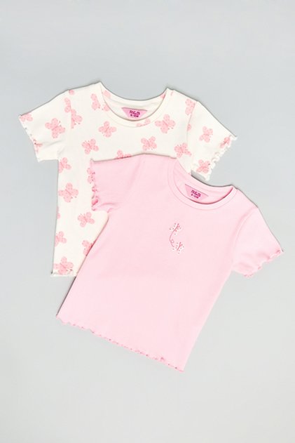 2 Pack Butterfly Print Tops with Crew Neck and Short Sleeves
