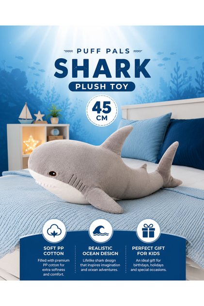 45CM Shark Plush Toy Large Soft Stuffed Animal Realistic Ocean Shark Plush Doll PP Cotton Cuddly Pillow for Kids Boys Girls Bedroom Decor Gift Marine Animal Hugging Companion