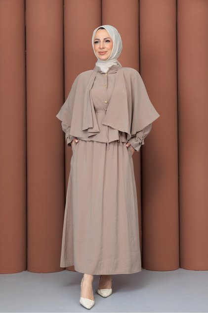 Women's Silk Cupra Suit with Sleeves, Buttons, and Cape Detail Skirt