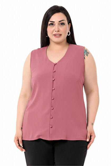Plus Size Covered Button Sleeveless Dusty Rose Shirt with Side Slits
