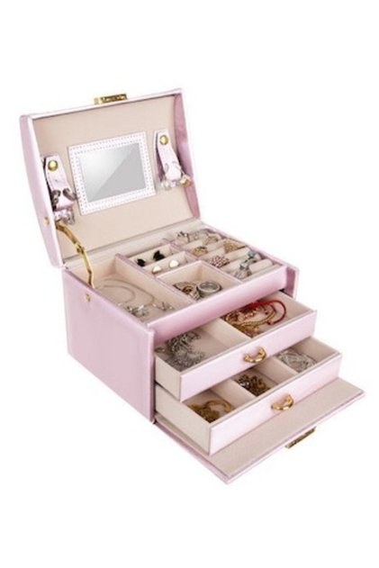 Cutie de bijuterii, 20 compartimente, 2 sertare, încuietoare cu cheie, oglindă, 13 x 13.7 x 17.5 cm, Plastic, Roz