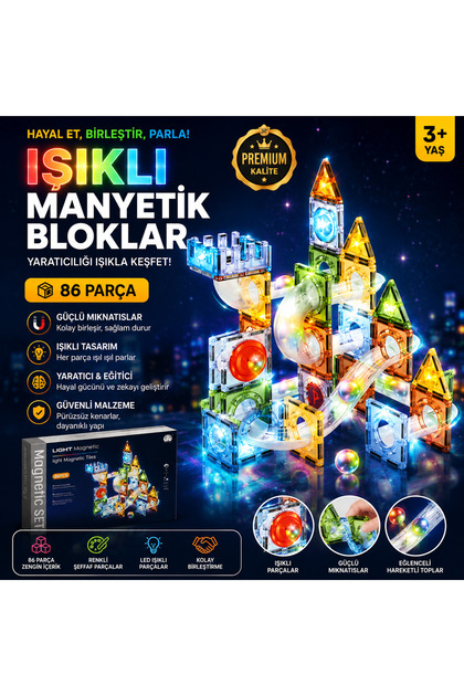Magnetic Light Tiles 64 Parça Işıklı Manyetik Dinozor ve Top