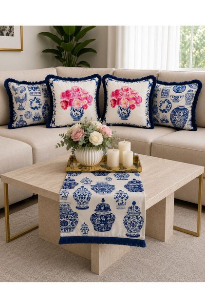 Blue Blanc Series, 5-Piece Combination Throw Pillow Cover and Runner Set
