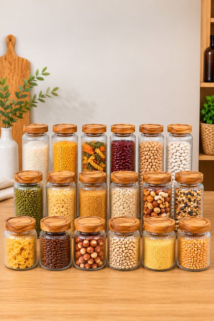 Premium Acacia Lid Striped Glass Jar Set 18 Piece Storage Container
