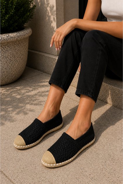 Knitted Detailed Straw Toe Ballerina Flats Black