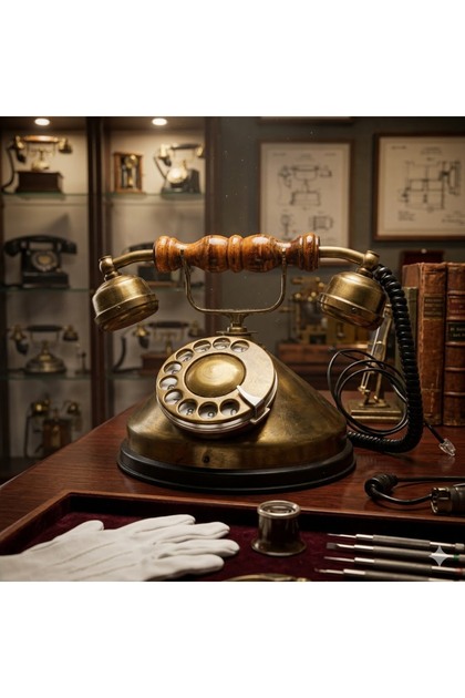 Nostaljik Pirinç Masaüstü Telefon Vintage Tasarım Klasik Telefon Ahşap ve Pirinç Detaylı Dekoratif Aksesuar
