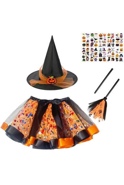 Costum vrăjitoare Halloween fete, Portocaliu-Negru, Fustă tutu, Pălărie și mătură, Set complet cu