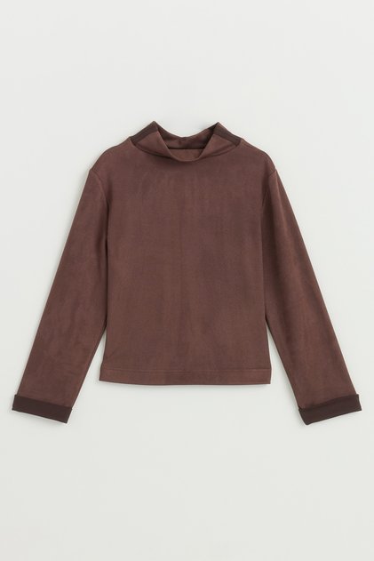 Dik Yaka Basic Cupra Süet Bluz - Kahve