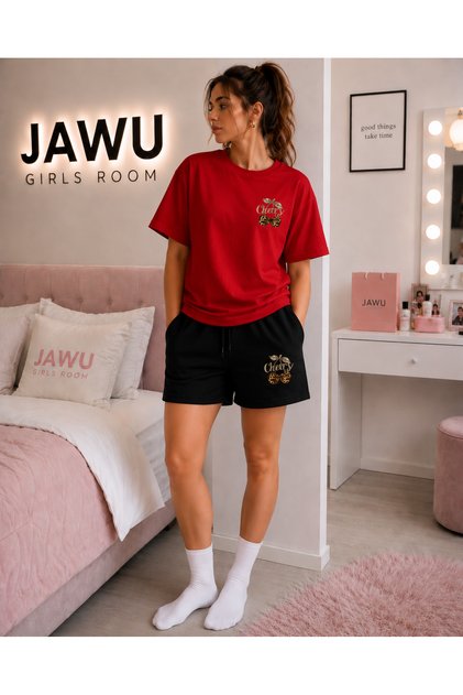 Cherry Printed Oversize Cotton T-Shirt-Shorts Set