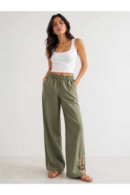 Green Flam Cotton Linen Casual Fabric Pantalon