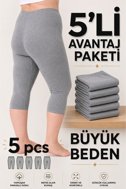Women's 5-Pack Gray Plus Size Underwear Capri Tights (with Mesh) - 90% Cotton