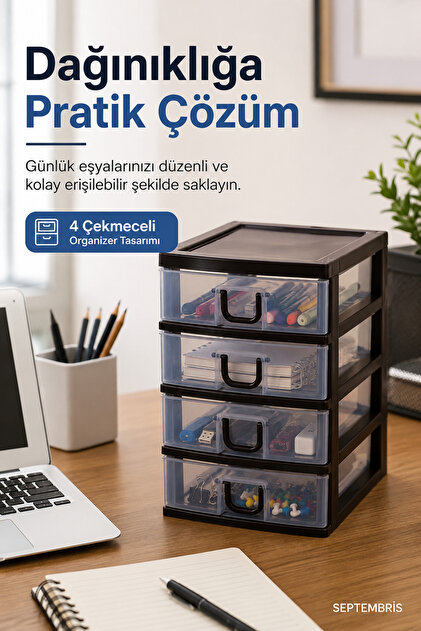 DrawerNest 4 Kat Şeffaf Çekmeceli Masaüstü Organizer