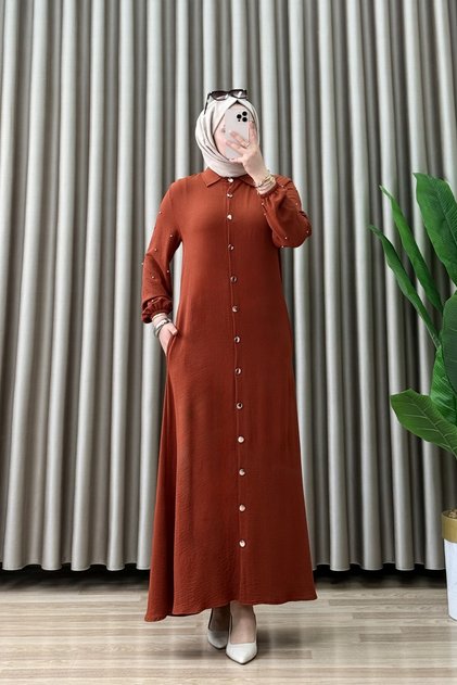 Candan Dress Ayrobin Fabric Orange Sleeves with Elastic Beading Detail and Buttoned All over the Body, Hijab Dress