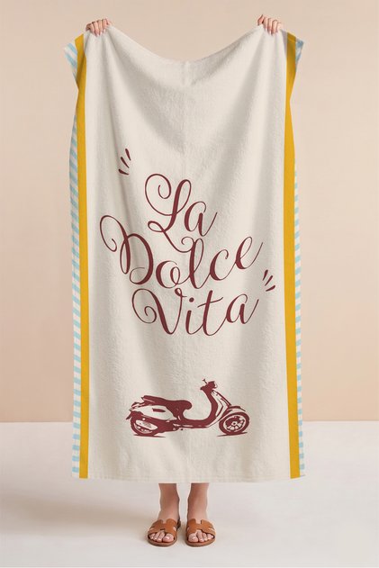 Italian La Dolce Vita Themed Beach Towel-Mediterranean Style Cream Yellow Pool Sea Bath Beach Cover