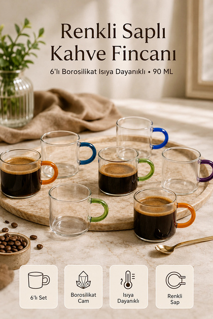 6'lı Renkli Saplı Borosilikat Cam Çay Kahve Fincanı 90 ml Espresso Türk Kahvesi Bardak Seti