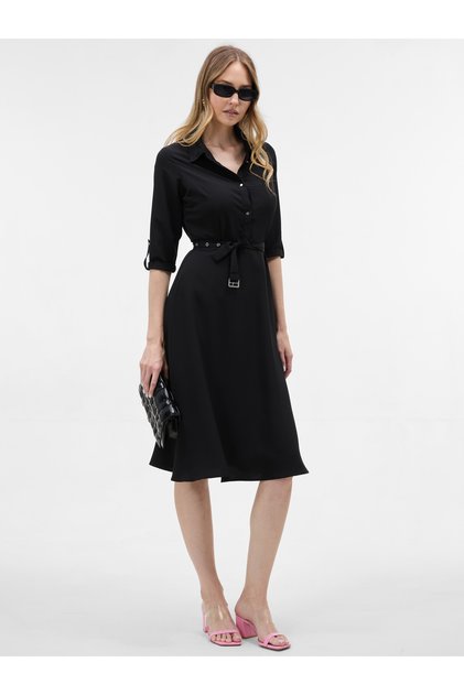 Rochie midi neagră de damă, tip cămașă