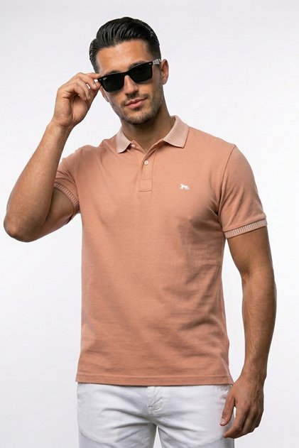 Salmon Polo Collar Men's T-Shirt Regular Fit 100% Cotton with Striped Collar Detail