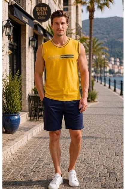Mooda Men's Set Banya Kombak Fabric Crew Neck Sleeveless T-Shirt and Shorts Set with Pockets