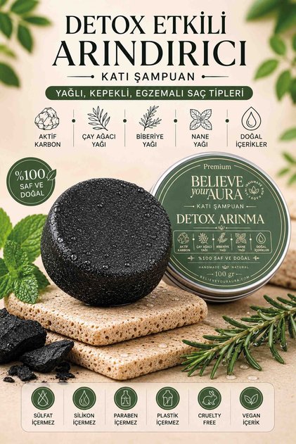 Detox Purifying Solid Shampoo - 100% Natural Herbal Keratin Activated Carbon Vitamin E Panthenol for Oily Hair - 100 Gr
