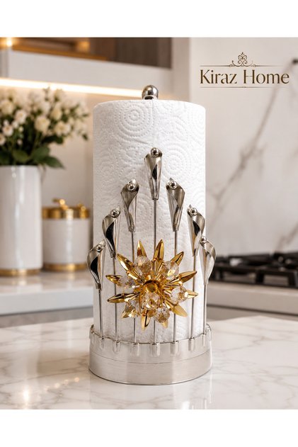 Lüx Gold Çiçek Detaylı Gümüş Metal Rulo Peçetelik Havluluk