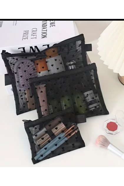 3’lü Set Siyah Kalp Makyaj Çantası-Seyahat-taşıma-Makyaj