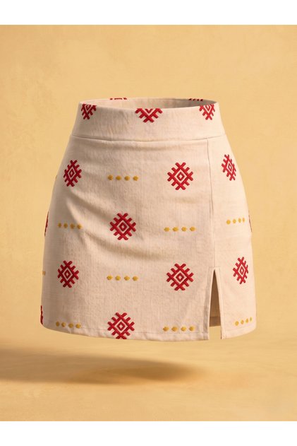 Women's Cream Ethnic Embroidered Linen Zipper Mini Shorts Skirt with Slits Authentic Patterned Summer Zipper Shorts Skirt