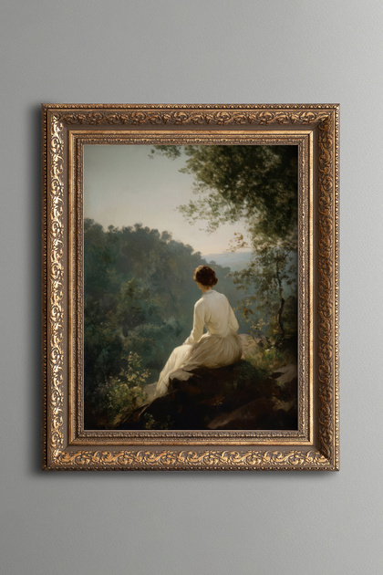 Woman Facing the Landscape – Vintage Patterned Painting – Thick Model