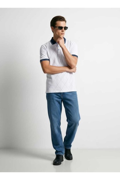 Men's Diamond Patterned Polo Collar Tshirt White