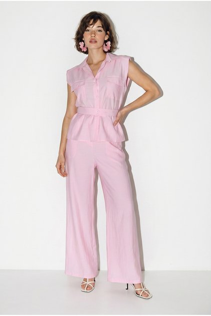 Women's Pink Padded Belt Detailed Pocketed Vest with Elastic Waist and Pocketed Modal Suit 7502 60286137