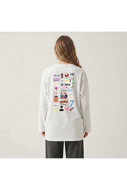 Nubarco White Oversize Wide Cut Long Sleeve 100% Cotton Summer Korean Food Printed Tshirt
