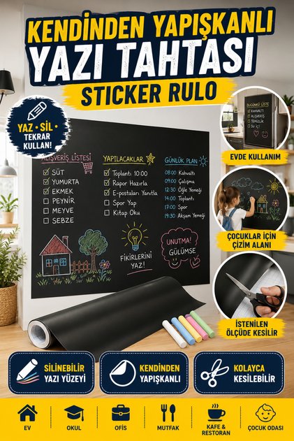 Kendinden Yapışkanlı Yazı Tahtası Sticker Rulo Silinebilir Kara Tahta Duvar Folyosu 60x100 Cm