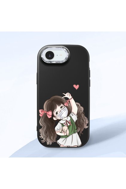 iPhone 17E Compatible Case Camera Protector Black Silicone Couple Phone Case Girl Patterned