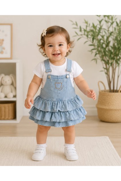 Layered Skirt Detail Knitted Denim Fabric Summer 2-Piece Baby Girl Overalls Dress Set