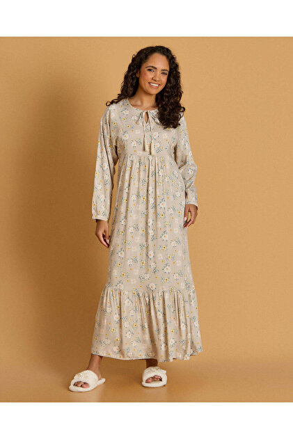 Women Beige Printed Night Gown