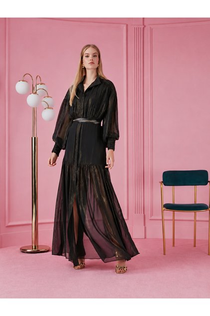 Balloon Sleeve Patterned Chiffon Dress