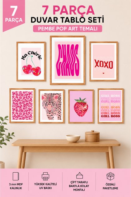 7-Piece Frame-Looking Pink Painting Set – Pop Art Wall Decor