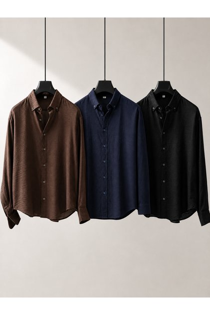 3-Pack Men's 100% Linen Shirt with Buttoned Collar, Regular Fit, Comfortable Cut, Muslin Shirt