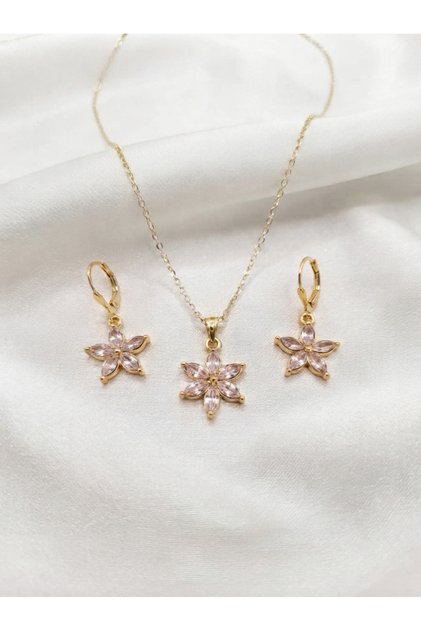 Women's Pink Zircon Stone Lotus Necklace and Earring Set