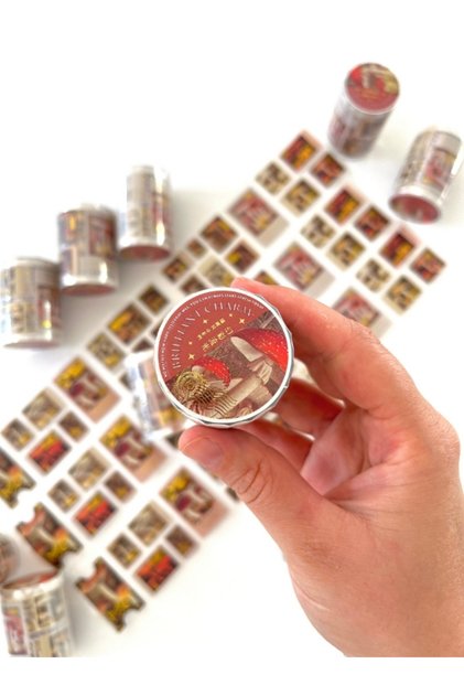 Vintage Mushroom Stamps 2m 126 Adet Pul Sticker Washi Bant/Masking Tape/Desenli Bant/Etiket/Çıkartma