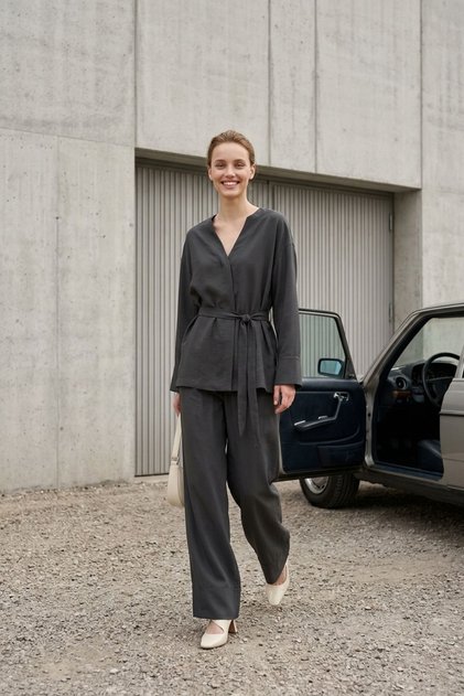 My Fashion Belted V-Neck Long Sleeve Two-Piece Set